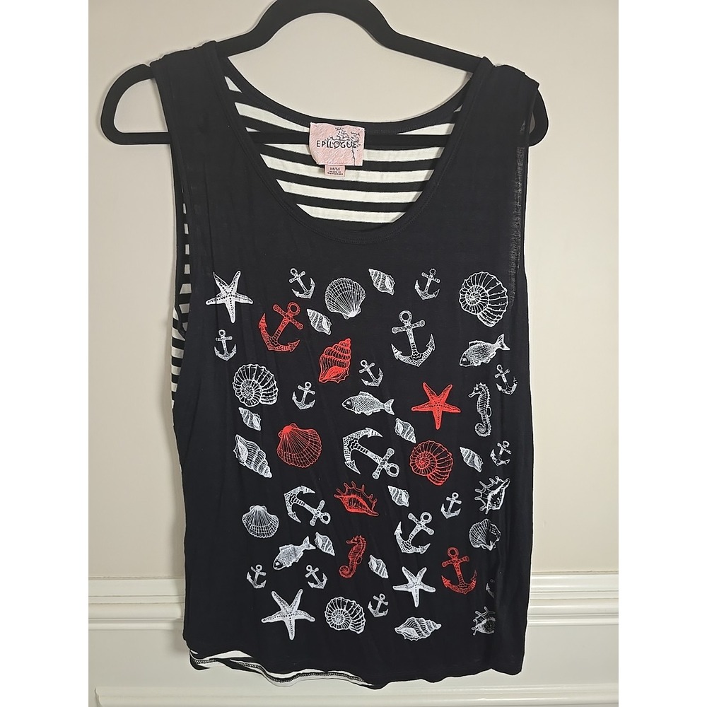 Epilogue Sleeveless Women's Medium Top Ocean Anchor Stripes Black White Red Airy